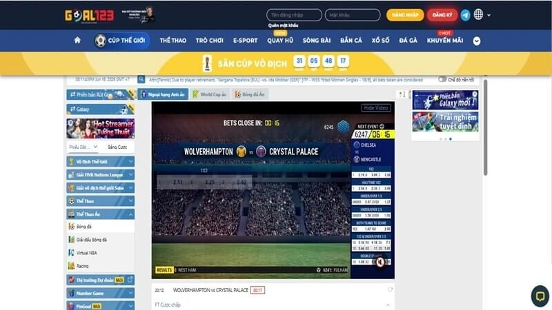 Cá cược bóng đá Goal123 với dữ liệu kèo từ SABA Sports, BTI Sports và CMD Sports
